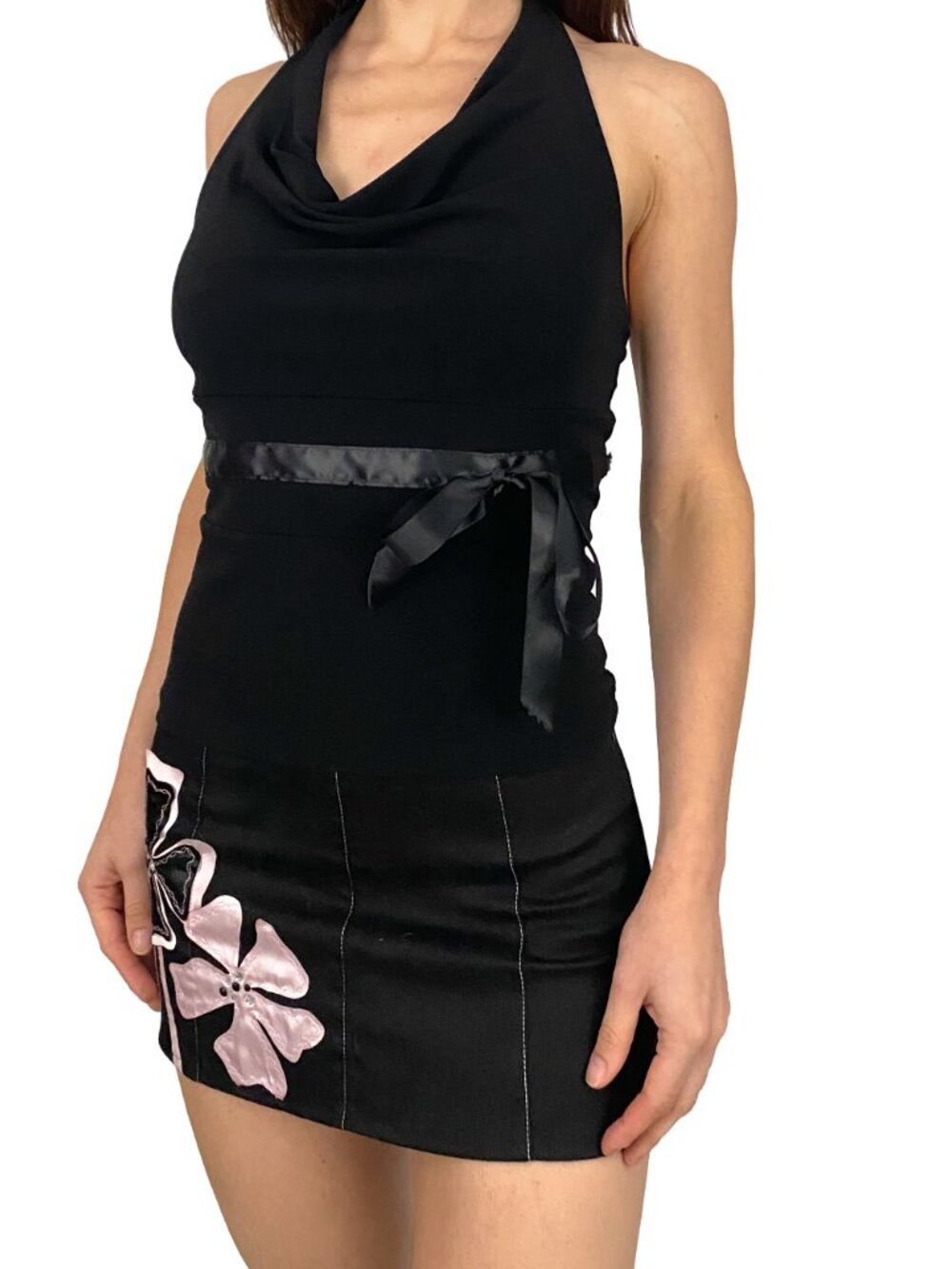 y2k iz byer black slinky halter top with a cowl neck